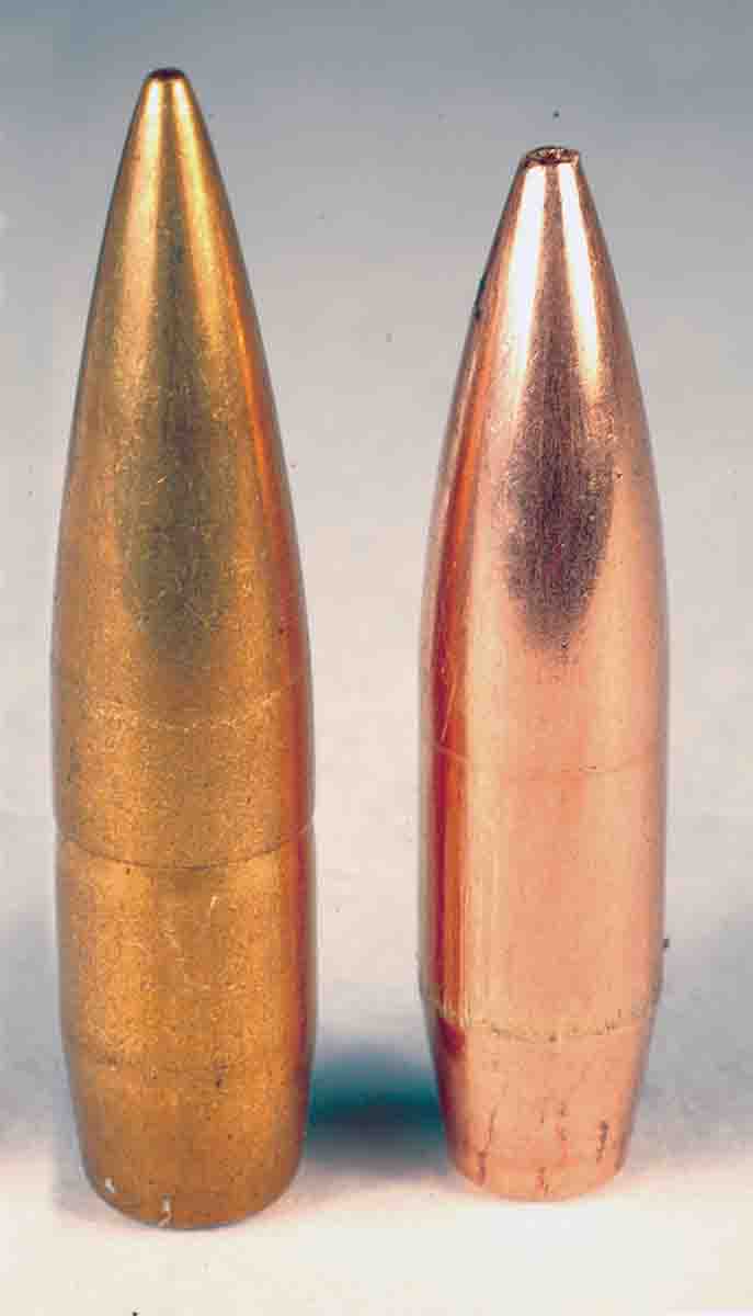 A .30-caliber 190-grain OTM bullet (right) is shown in comparison to a 178- grain, .323-inch diameter steel-core bullet (left) made by the German military during World War II. Both bullets have a sloping boat-tail and long tapered ogive.